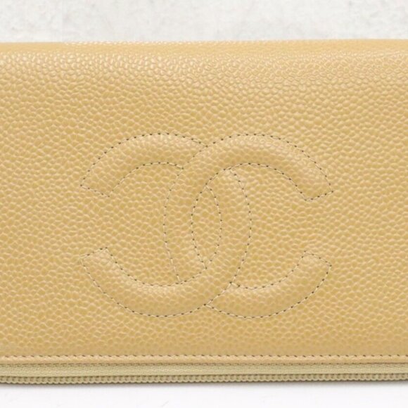 Chanel CC Logo Timeless Caviar Beige Leather Around Zip Around Wallet - Picture 1 of 15
